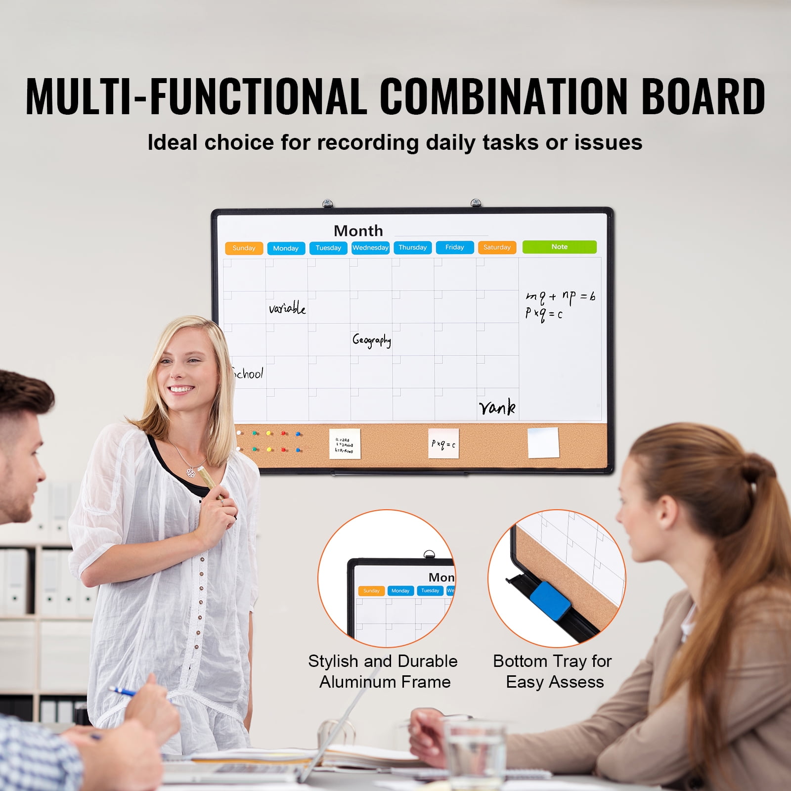 SKYSHALO 36"x 24" Combo Magnetic Whiteboard & Cork Bulletin Board with Aluminum Frame - Dual-Function Dry Erase and Pin Board for Wall - Suitable for Office, Home, School