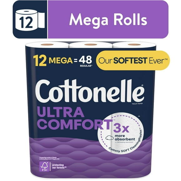 Papier hygiénique Cottonelle Ultra Comfort, papier hygiénique robuste, 12 méga rouleaux (12 méga rouleaux = 48 rouleaux ordinaires), 244 feuilles par rouleau Papier Hygiénique Cottonelle Ultra Comfort,12 MR