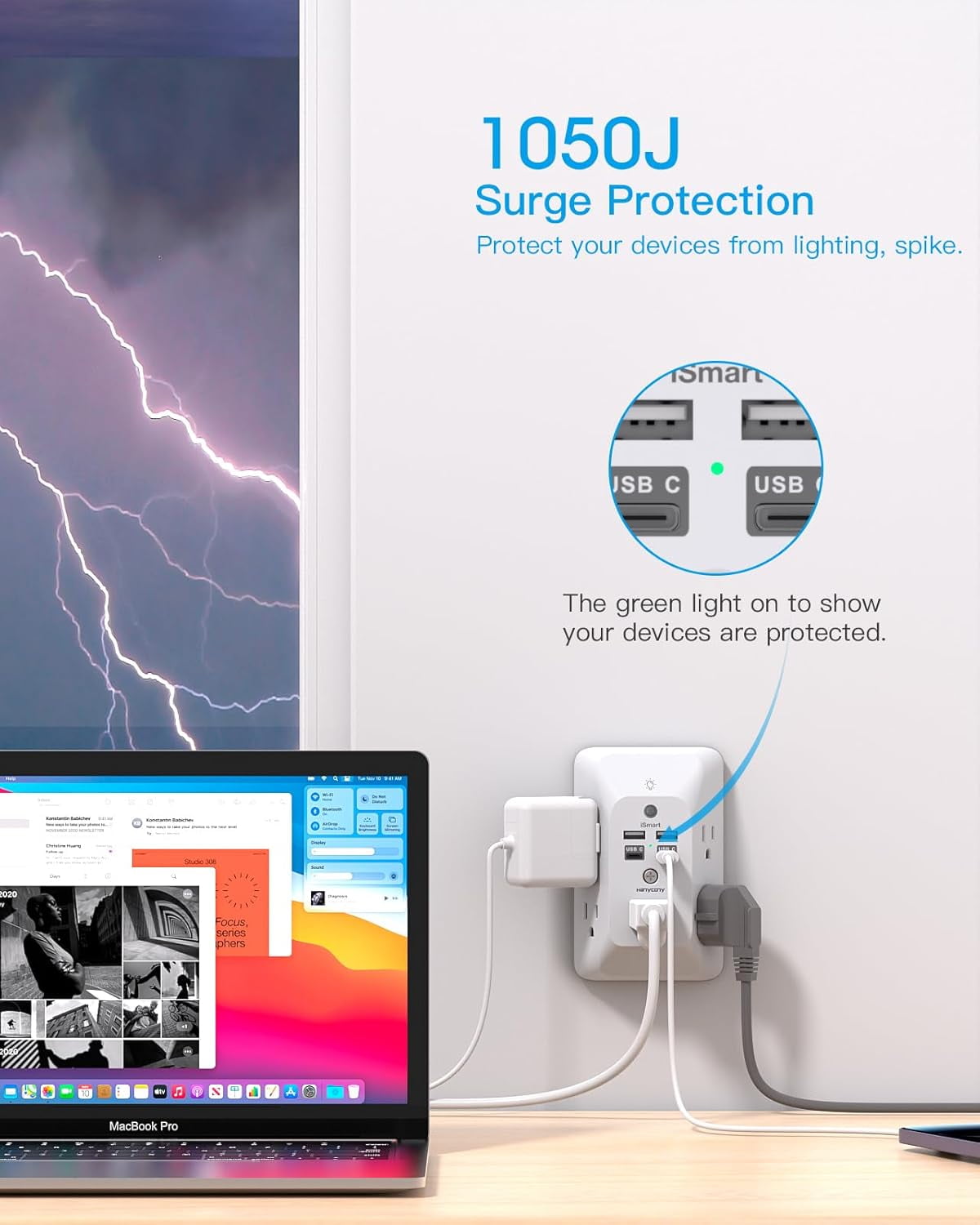 Multi Plug Outlet, Outlet Extender with 4 USB Ports (2 USB C) and Night Light, 1050J Surge Protector, Wall Mount, Outlet Splitter for Bathroom Kicthen Camper Dorm Room Essentials
