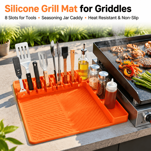 PLERISE Silicone Grill Mat Compatible with Bbq Griddle Tools Mat with Drip Pad, Spatula Mat for Outdoor Kitchen Counter, Orang