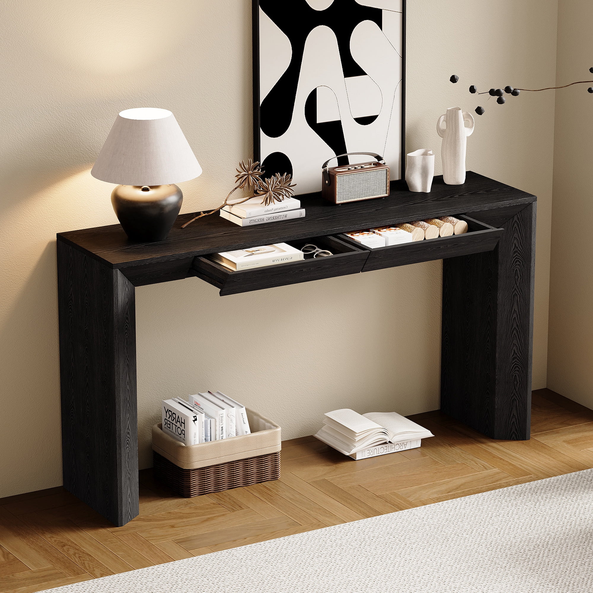 EUROCO 60" Modern Console Table with 2 Concealed Drawers, Entryway Table with Waterfall Design for Living Room, Entryway & Hallway,Black