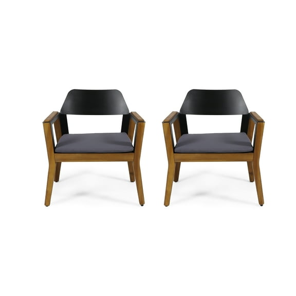 GDF Studio Osean Outdoor Acacia Wood Club Chairs with Cushion, Set of 2, Teak, Black, and Dark Gray