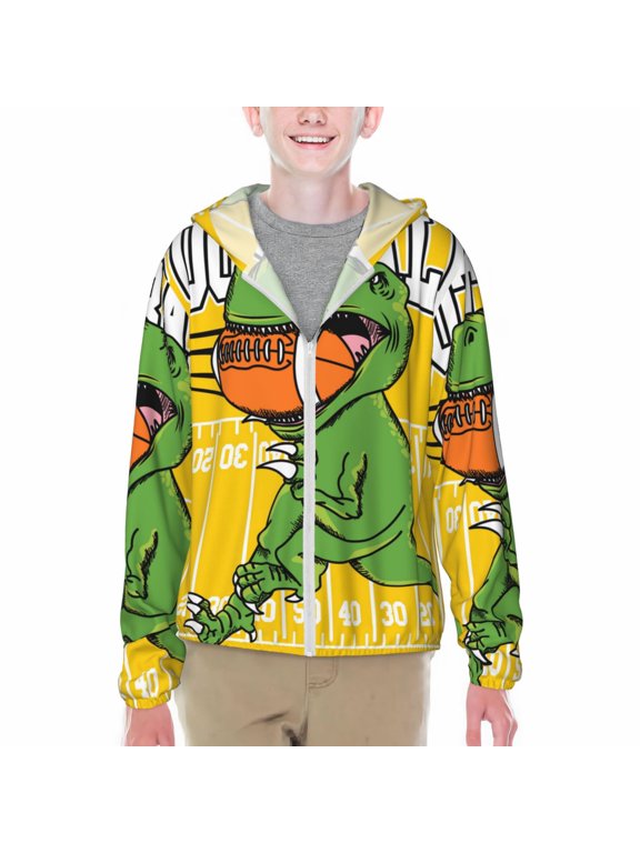 T-Rex Playing Football Print Fishing Shirts for teenager Long Sleeve UV Sun Protection Hoodie with Zipper Outdoor Hiking Shirts-X-Large