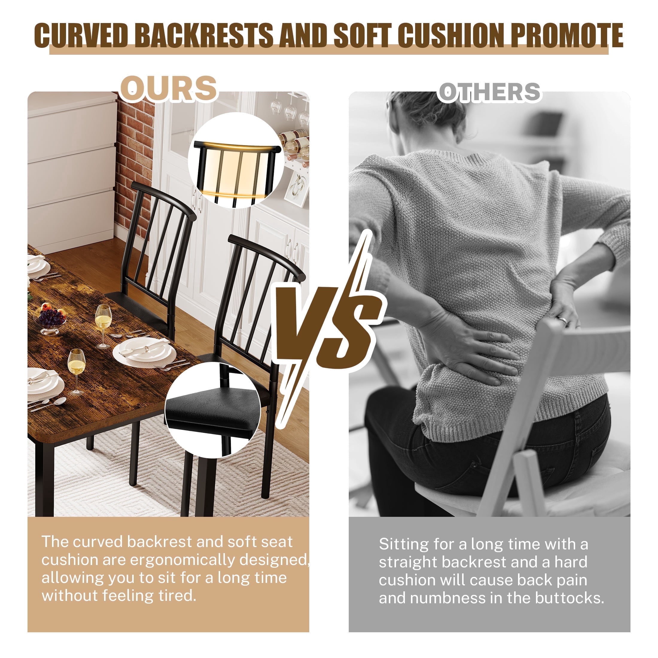 PORKISS 5 Piece Dining Table Set for 4, Kitchen Table and Chairs Set with 4 Leather Cushioned Chairs, Rectangle Dining Room Set with Metal Frame, Small Space Breakfast Nook Dinette Set, Brown+Black