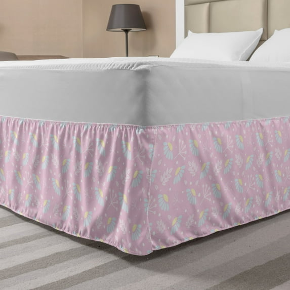 Blue and Pink Bed Skirt, Pastel Pattern with Flower Petals and Herbs, Elastic Bedskirt Dust Ruffle Wrap Around for Bedding Decor, 4 Sizes, Baby Pink Baby Blue, by Ambesonne