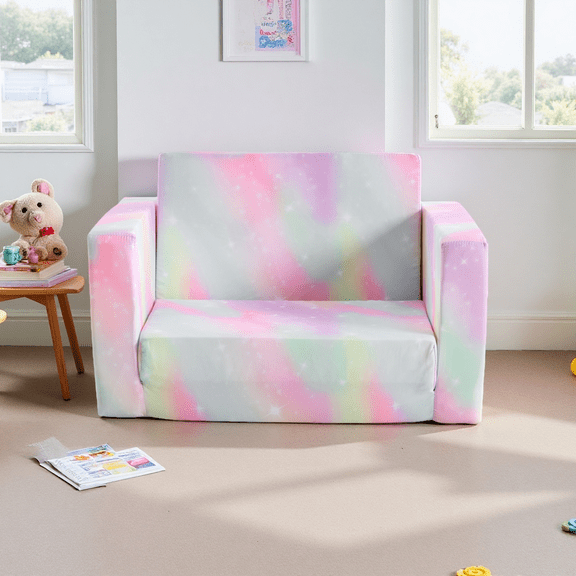 Kids Foldable Sofa Bed, 2-in-1 Convertible Chaise Lounge with 100% Sponge Safe Design, Soft Peach Fabric for Children's Room