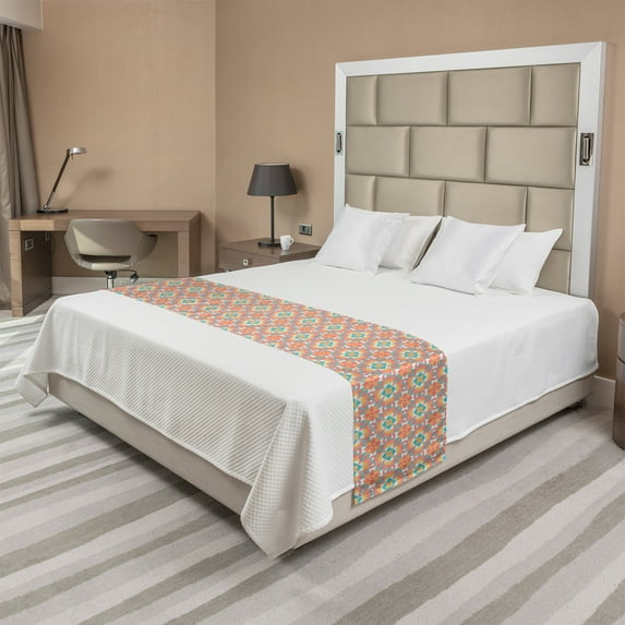 Abstract Bed Runner, Digitally Generated Pattern of Grid Inspired Design, Decorative Accent Bedding Scarf for Hotels Homes and Guestrooms, King, Mustard Pale Teal, by Ambesonne