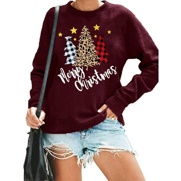 Merry Christmas Sweatshirt for Women Christmas Plaid Leopard Tree Print ...