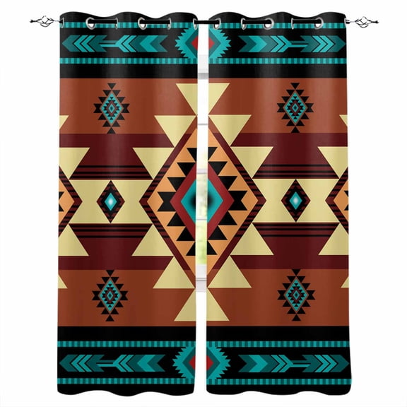 Fsddascl Turquoise Red Blackout Curtains for Bedroom/Living Room, Thermal Insulated Kitchen Curtains, Southwest American Native Abstract Pattern Grommet Darkening Window Treatment Drapes 52"x63"x2