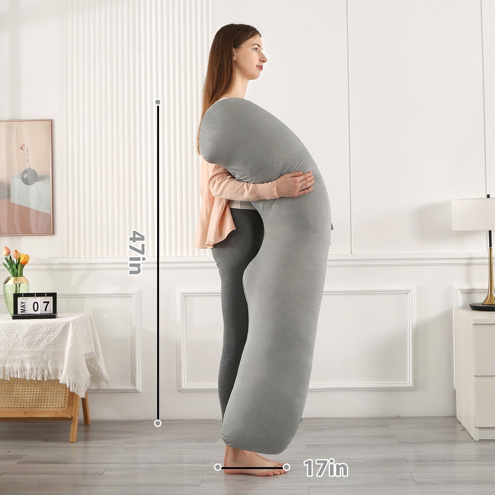 BATTOP Pregnancy Pillow with Cooling Cover,J Shaped Maternity Body Pillows for Pregnancy,Support for Back,Legs,Belly,Hips,Grey