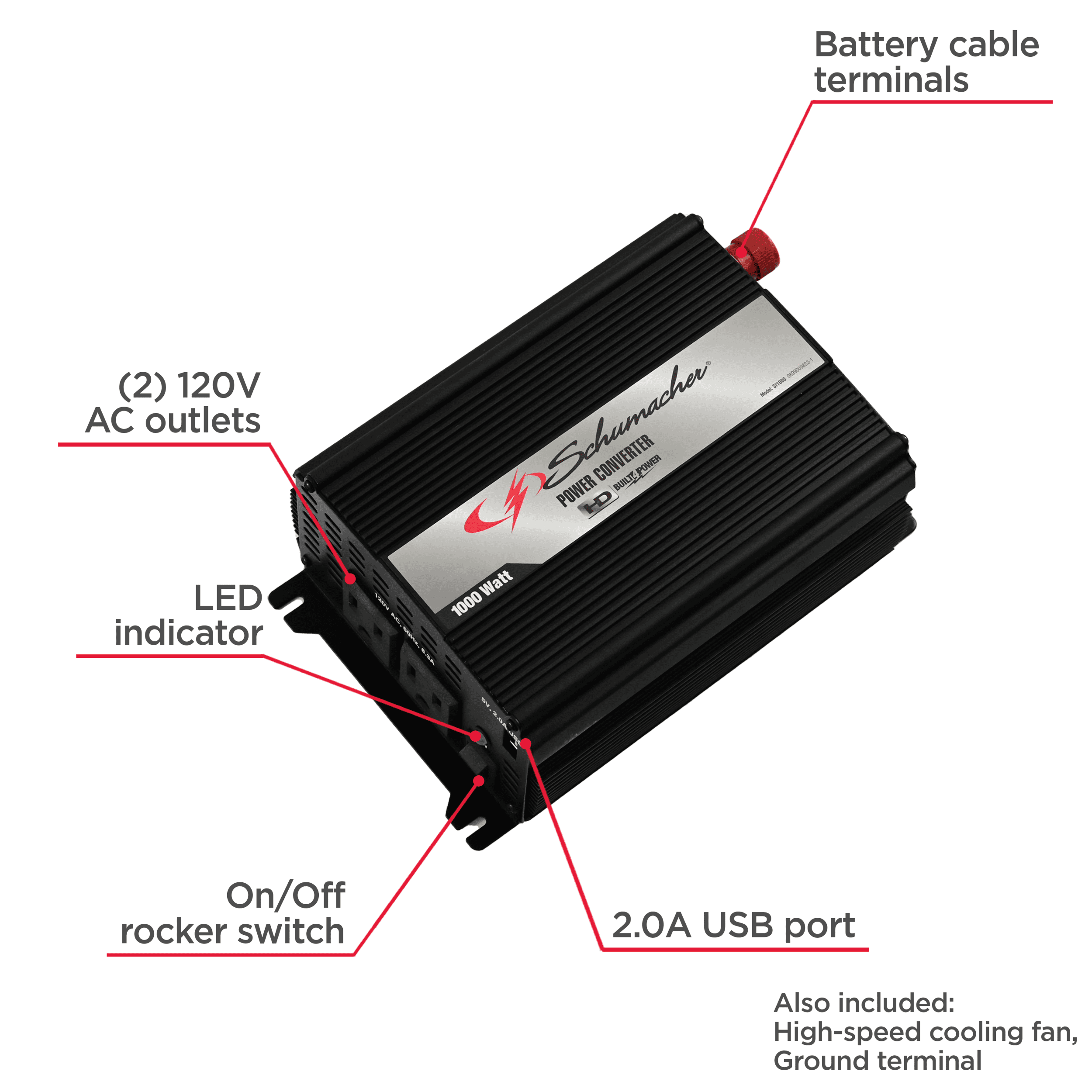 Schumacher Electric 1000 Continuous/2000 Peak Watt DC-to-AC Converter, 120V AC Outlets, USB, Modified Sine Wave, 12V Auto/Marine Batteries, SI1000