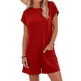 thumbnail image 4 of Womens Summer Casual Romper Short Sleeve Back Zipper Crewneck Shorts Overalls Jumpsuit with Pockets Outfits Red XXL(XXL), 4 of 8