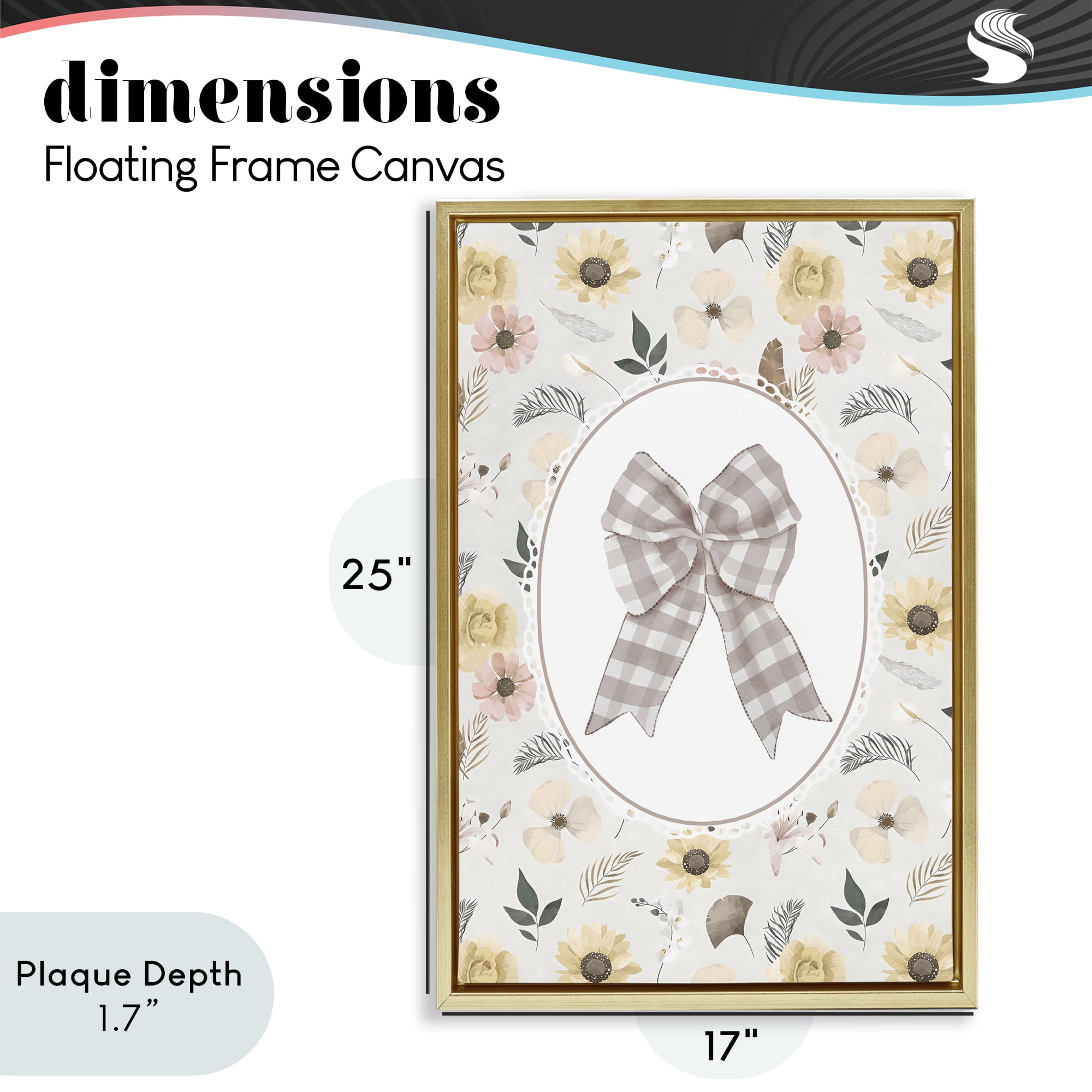 Stupell Industries Sunnyside Bow in Gingham Gold Framed Floater Canvas Wall Art, design by Ink Drop Loft
