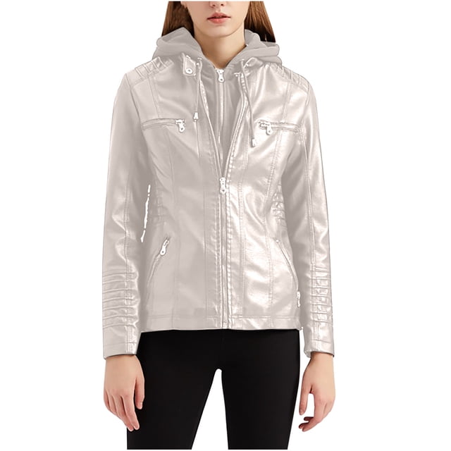 Qertyioot Womens Leather Jacket Slim Hoode Stand Collar Zip Motorcycle Suit Coat Tops