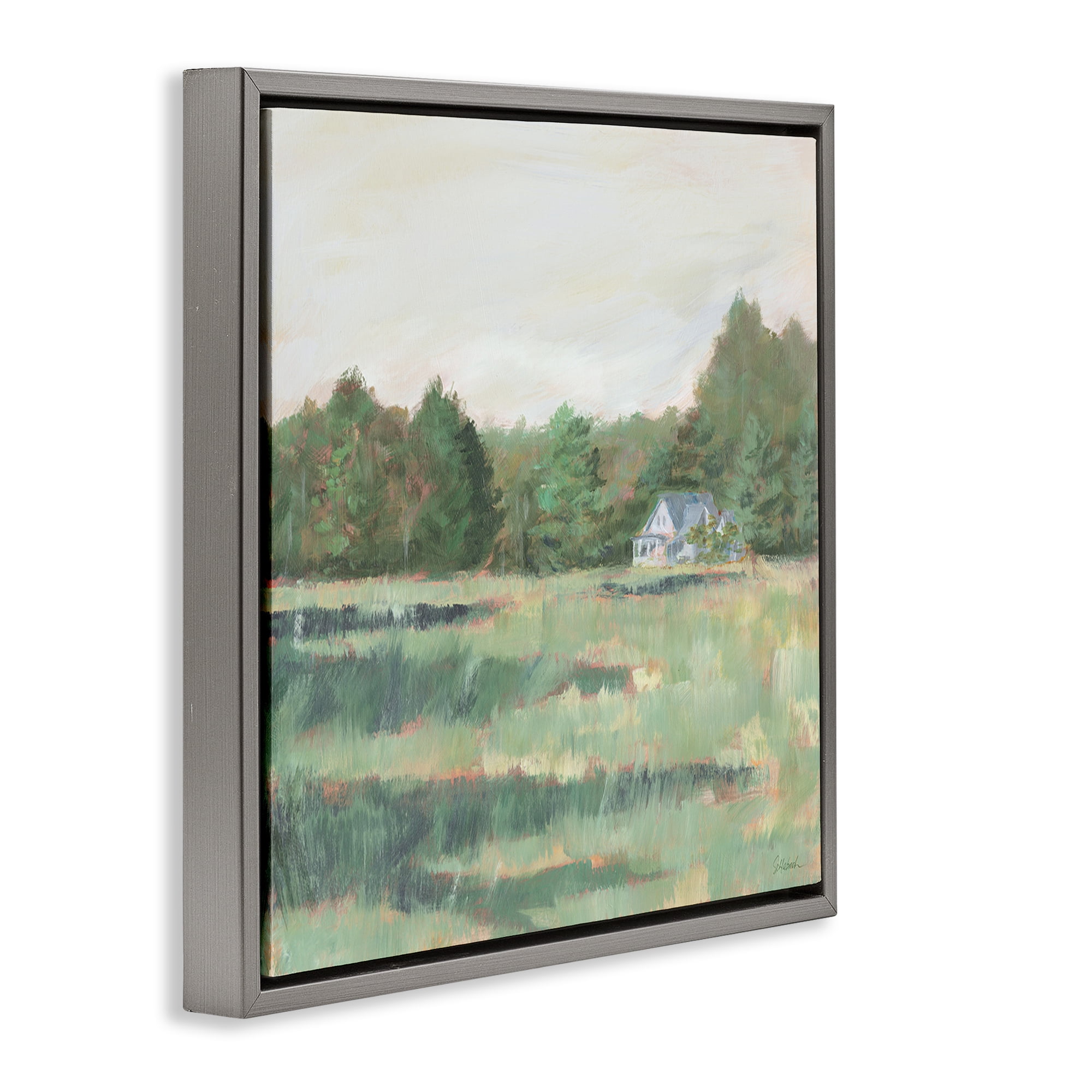 Stupell Industries Farmhouse Across Meadow Landscape Painting Gray Floater Framed Art Print Wall Art, 25 x 25