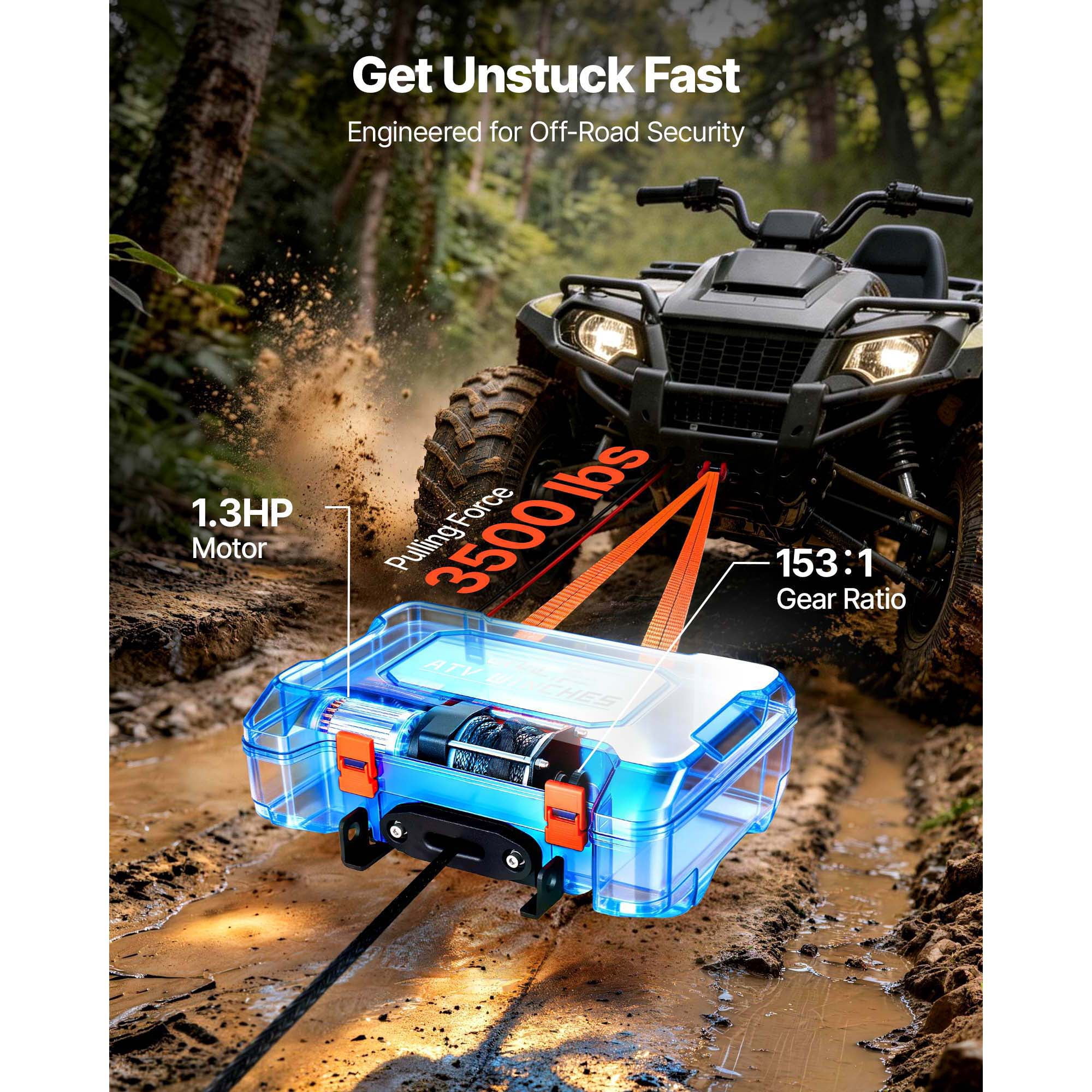 KFFKFF Portable 12V DC Electric Winch, 3500 lbs Capacity with Synthetic Rope, Wireless & Wired Remotes, Compact Recovery Kit with Fairlead, Hook, and Strap for ATV UTV Off-Road Pulling Applications