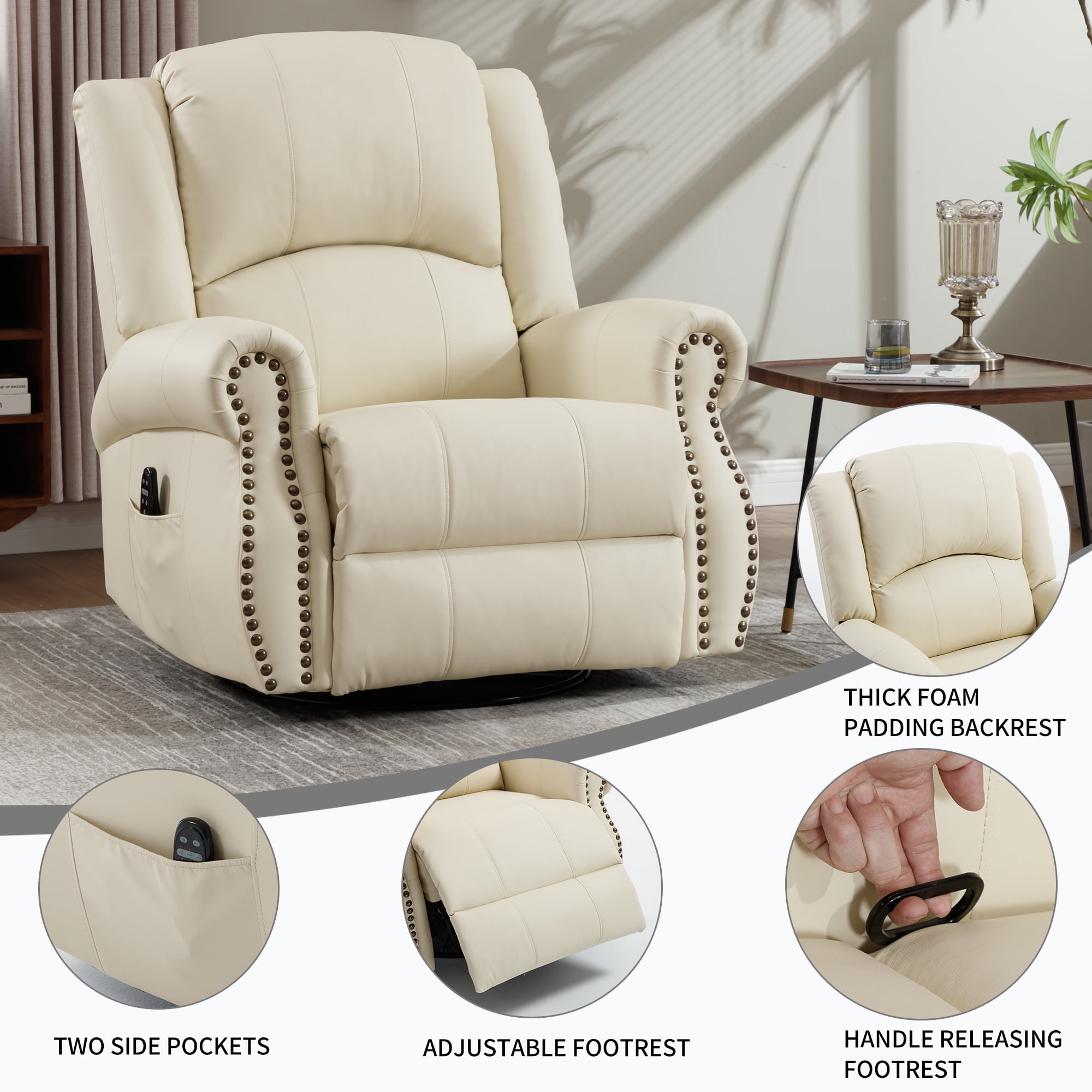 Leumius Oversized Swivel Recliner Chair for Adults,Swivel Rocker Recliner with Vibration Massage and Lumbar Heating for Living Room,Rivet Design,Beige