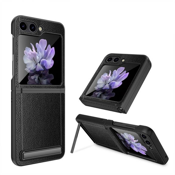 Compatible with Samsung Galaxy Z Flip 5 Leather Case with Screen Protector Slim Z Flip 5 Case with Kickstand-Black B