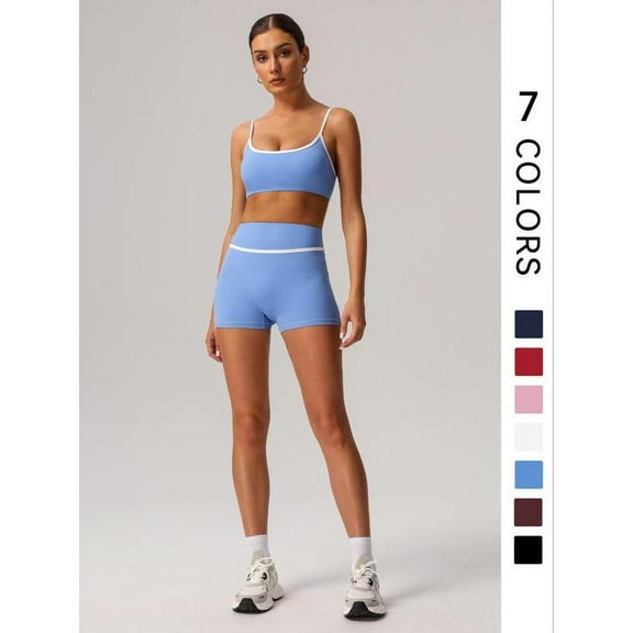 AEXTO Women's Contrast Binding Crop Sports Bra & High Waist Shorts Sportswear Set, Breathable Comfortable Outfits for Yoga Gym Workout Running, Ladies Sportswear for All Seasons