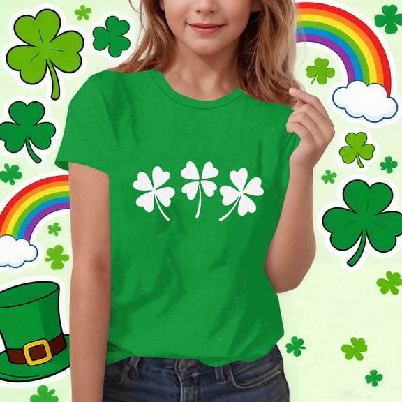 THDHVS Girls Shirts,Girls Short Sleeve Tops,Kids St Patrick's Day Fashion Print Short Sleeve Tee Green 10-11 Years