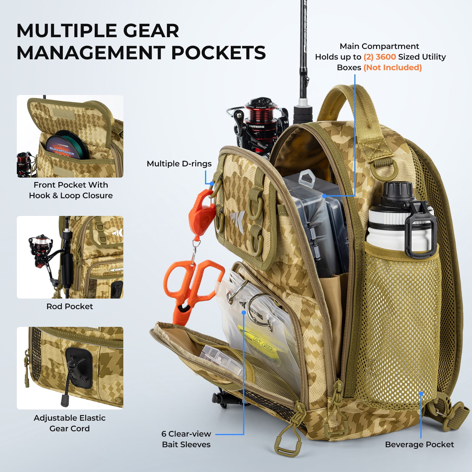 KastKing  Fishing Sling Bag, Fishing Backpack with Rod & Beverage Holder, Tackle Bag for Fishing Gear- BaitSpace