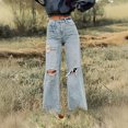 thumbnail image 2 of High Waisted Straight Leg Jeans Y2k Frayed Raw Hem Ripped Distressed Jean Travel Cropped Pants Cowgirl Outfits Trendy Stretchy Baggy Jean Ankle Denim Pants with Pockets Boyfriend Jeans for Women, 2 of 5