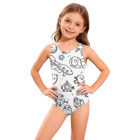 Grblisyd Swimsuits for Girls 10-12 Crew Neck Funny Graphic Bathing Suit Racerback One Piece Swimwear