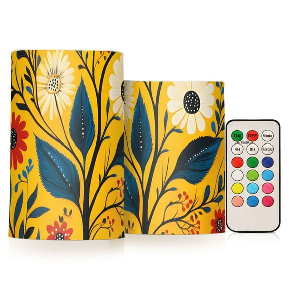 Floral Illustration Yellow Background Flickering Flameless Candles Battery Operated with Remote Timer LED Pillar Candles Set of 2