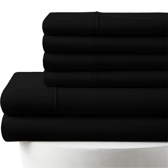 Ensemble de Draps 6 Pcs en Coton Égyptien 1000 Fils - Short Très Grand, Poches EXTRA Profondes de 21 Pouces, avec 1 Drap-Housse, 1 Drap Plat Surdimensionné et 4 Taies d'Oreiller - Noir