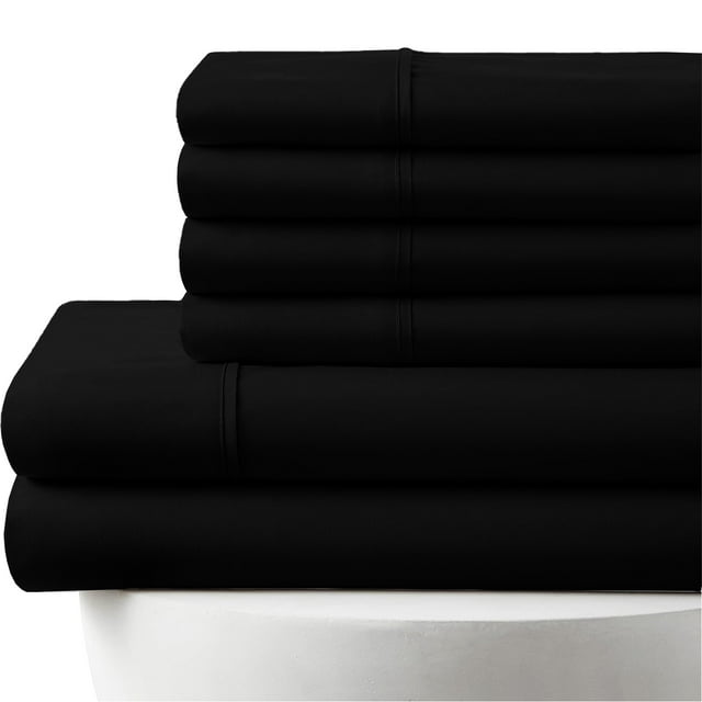 6-PC RV King Egyptian 1000-TC Cotton Sheet Set - 10" Deep Pockets with 1 Fitted Sheet, 1 Oversized Flat Sheet 4 Pillowcases - Black