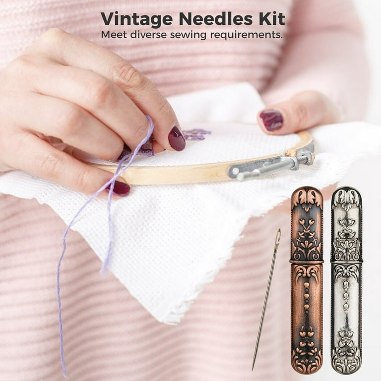 Vintage Needles Kit, 2PCS Needle Holder with 48PCS Self-Threading Needles,  Stainless Steel Needle Storage Case, Sewing Needles for Embroidery, Cross- stitch, DIY Craft 