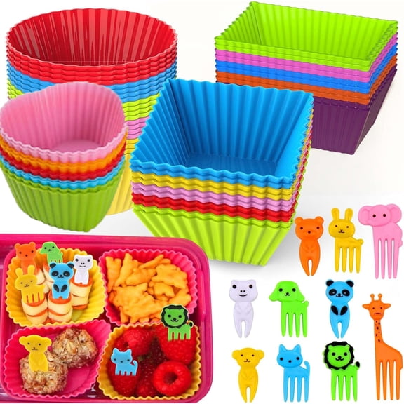 50 Pcs Silicone Lunch Box Dividers with Animal Food Picks,Reusable Lunch Bento Box Accessories for Kids,Lunchbox Supplies Accessories,Back to School Lunch Essentials,Silicone Cupcake Liners