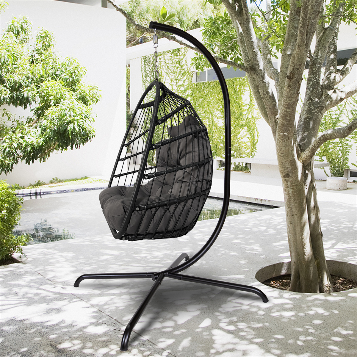ARCTICSCORPION Black Swing Egg Chair with Stand, Indoor Outdoor Wicker Rattan Patio Basket Hanging Chair with C Type Bracket, Hammock Chair with Cushion and Pillow, Wicker Folding Hanging Chair - image 1 of 7