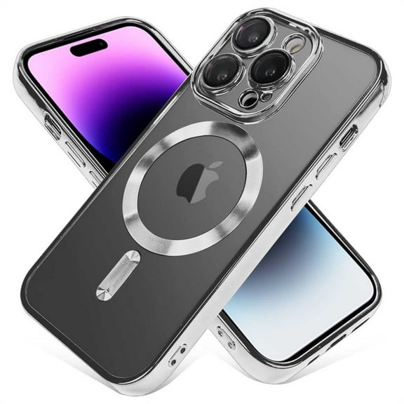 For Apple iPhone 15 Pro Max 6.7 inch Matte Transparent Chrome Edge Camera Cover Magnetic Car Mount Holder Magsafe Wireless Charging Shockproof Hybrid Case Cover Silver