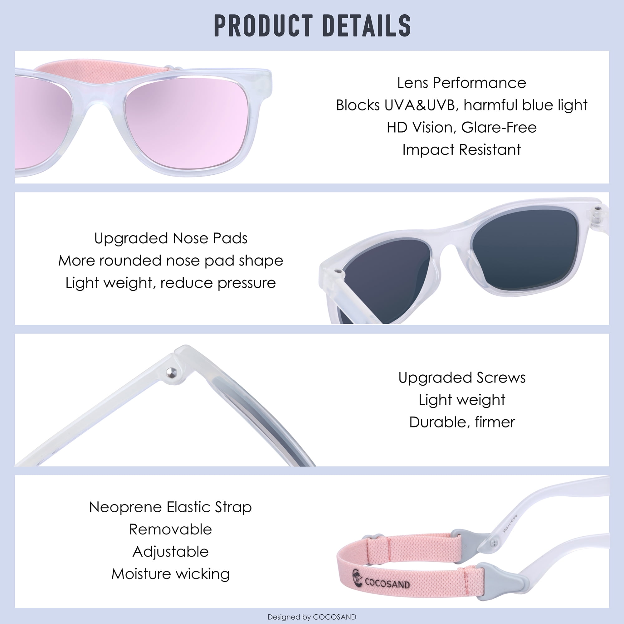 COCOSAND Baby Sunglasses with Strap Square Frame UV400 for Infant Toddler Boys Girls Age 0-24 Months, 2-Pack