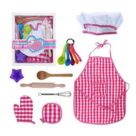 

Kids Baking Set Cooking Apron - 13 Piece Children Kitchen Bake Playset Accessories for Girls Toddlers Child Includes Chef Hat Apron Cupcake Mold.