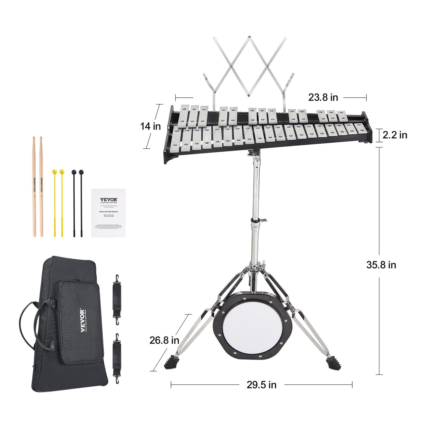 VEVOR 32 Note Glockenspiel Xylophone Bell Kit, Professional Percussion Instrument Set with Mallets, Drum Sticks, Music Stand, 8" Practice Pad, Adjustable Stand and Carrying Bag for Students