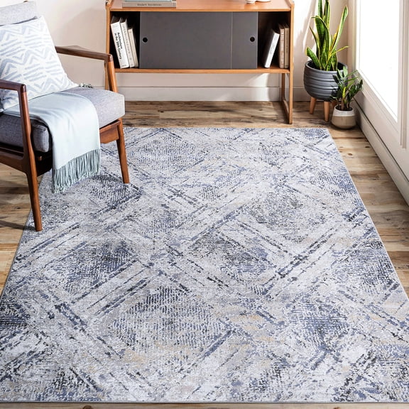 8x10 Blue/grey Geometric Area Rug Loom & - Non-shedding, Stain , Ideal For Bedroom, Living Area, Dining Great Room,