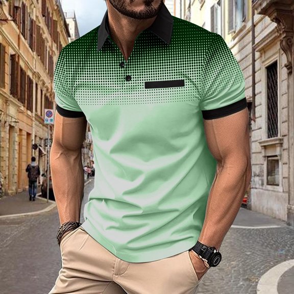 Summer Clearance Ofreoo Men's Polka Gradient Lapel Button Sport Short-Sleeve Lapel Top Shirt