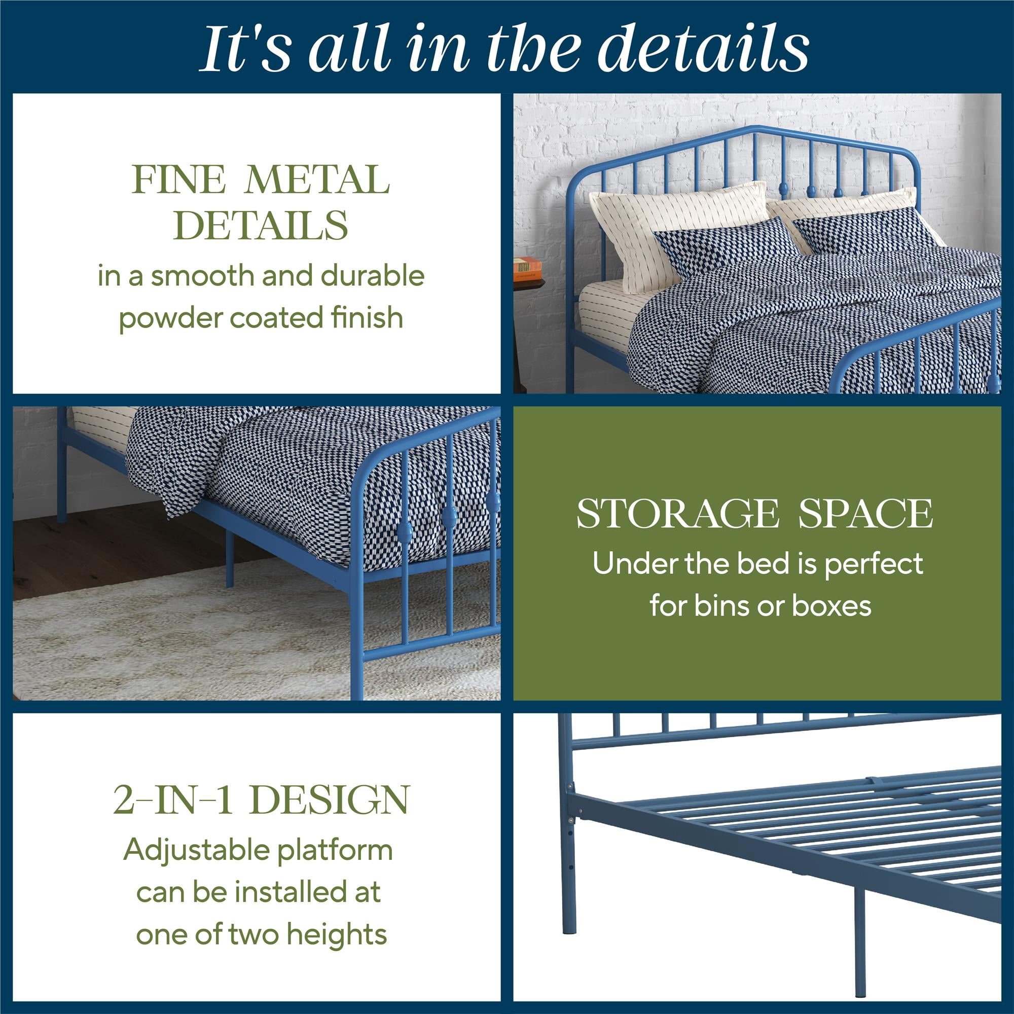 Novogratz Bushwick Metal Bed, Queen, Sea Blue