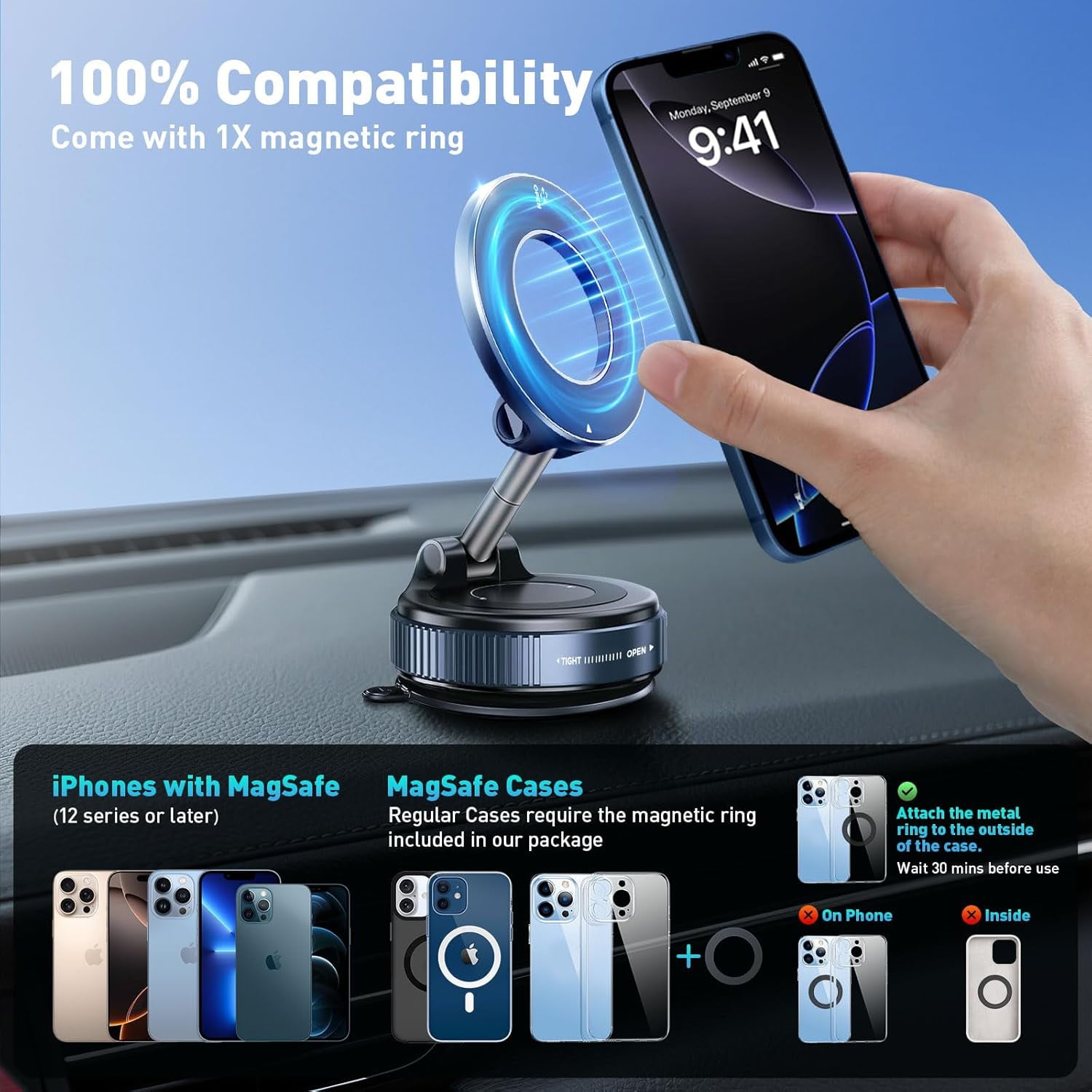 MKEUDQ-Magnetic Car Phone Holder Mount【Upgraded Anti-Loose-Arm Version】 360° Adjustable Nano Gel Vacuum Suction Cup Phone Holders for Your Car for MagSafe Cases iPhone 17-12 [108lbs & 3000gf]