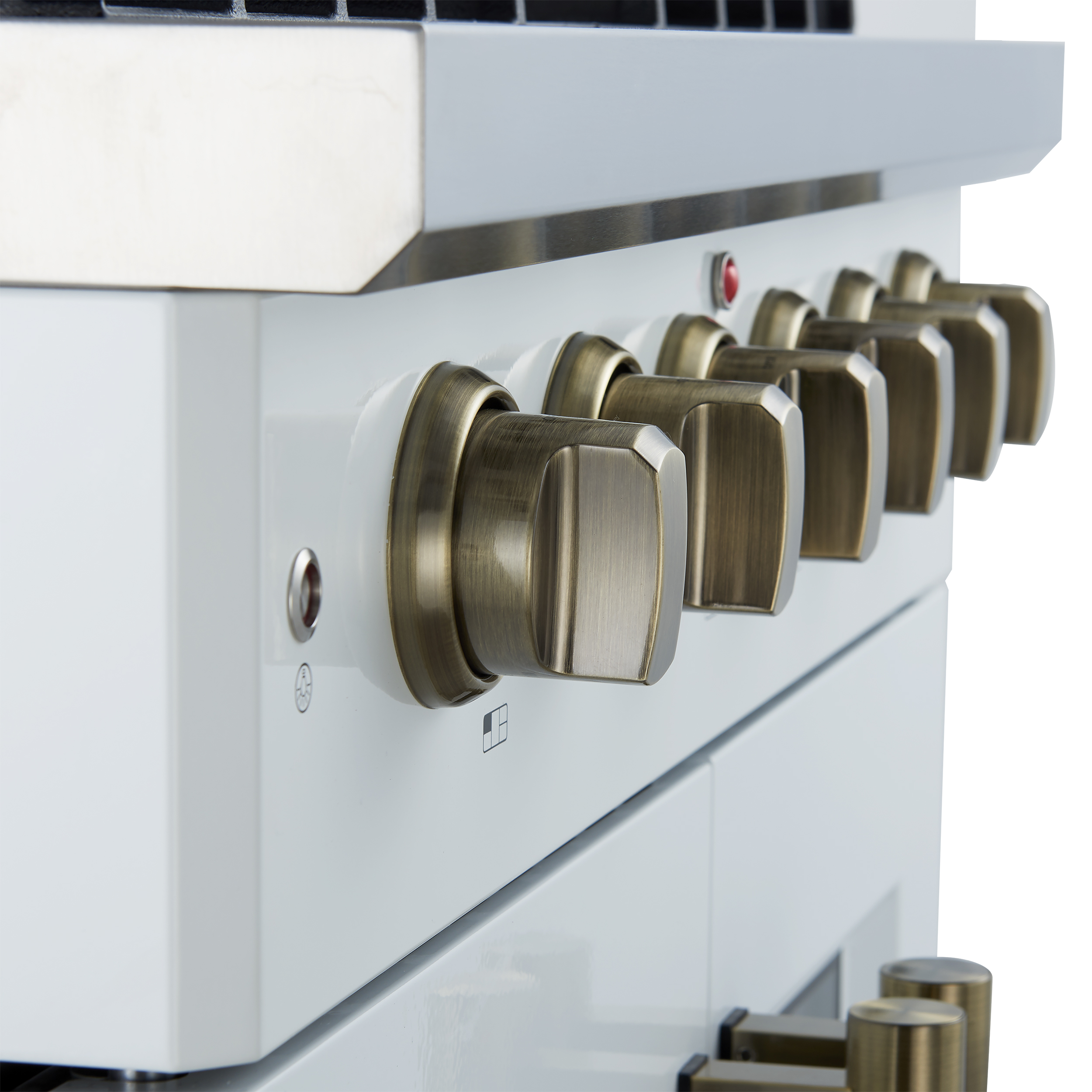 Forno Galiano 30-inch French Door Gas Range White with Antique Brass Design, 5 Burners, 68,000 BTU, 4.32 cu.ft. Convection Oven