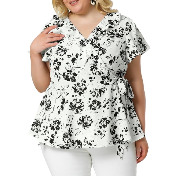 Unique Bargains Women's Plus Size Ruffle Bell Sleeve Wrap Tie Waist Boho Peplum Blouse