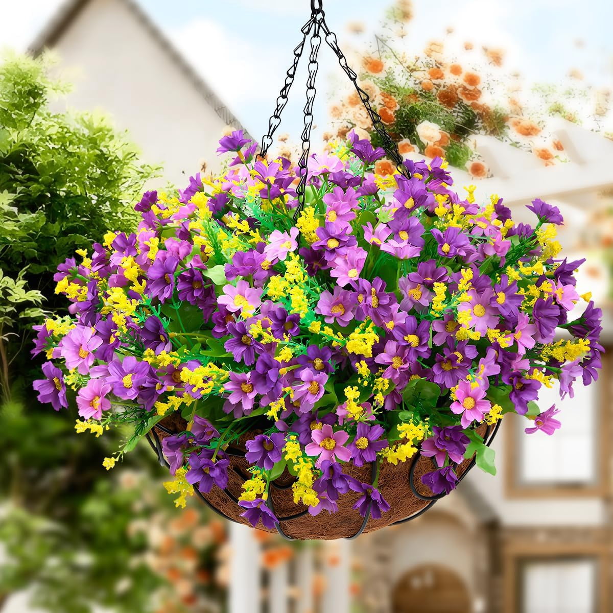 Artificial Hanging Flowers in Basket,Fake Daisy Plants Arrangement,inch Coconut Lining Basket Hanging Plant,Outdoor Indoor Patio Lawn Garden Porch Spring Decor (Dark Purple)