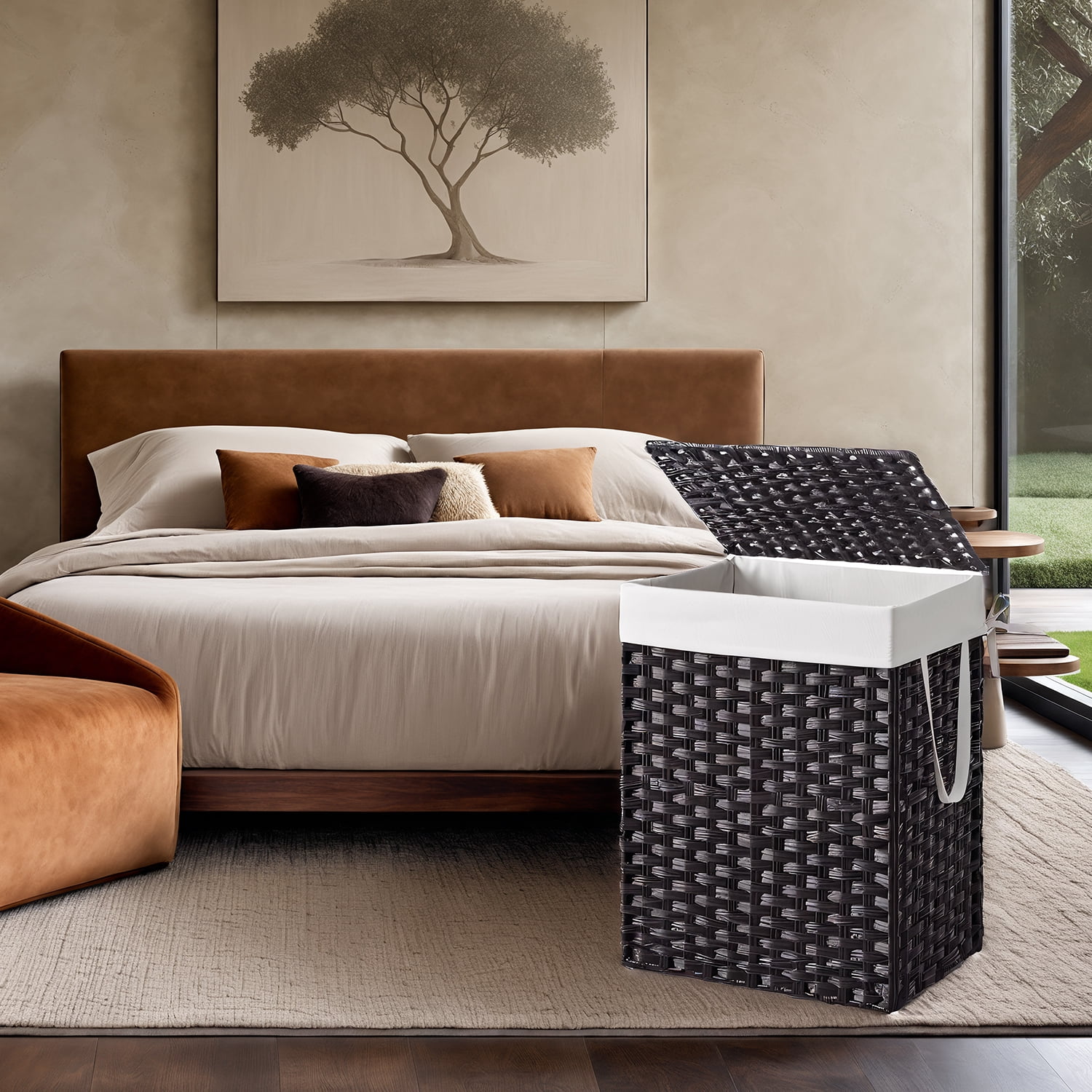 LEDREM Foldable Laundry Hamper with Removable Liner & Lid – 23.8 Gallon (90L) Synthetic Rattan Basket, Handles, Space-Saving for Bedroom，Bathroom, Black