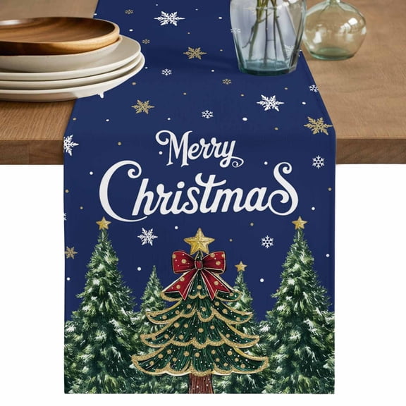 Navy Blue Christmas Table Runner 60 Inches, Green Xmas Tree Snowflake Winter Bed Runner Dresser Scarves Tabletop for Indoor Outdoor Parties/Ceremony/Banquet, 13" x 60"