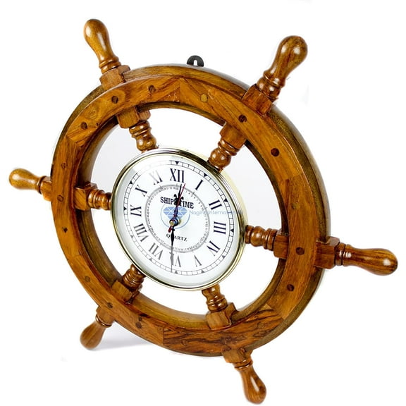 Nagina International Nautical Handcrafted Wooden Premium Wall Decor Wooden Clock Ship Wheels | Pirate's Accent | Maritime Decorative Time's Clock (36 Inches, Clock Size - 6 Inches)