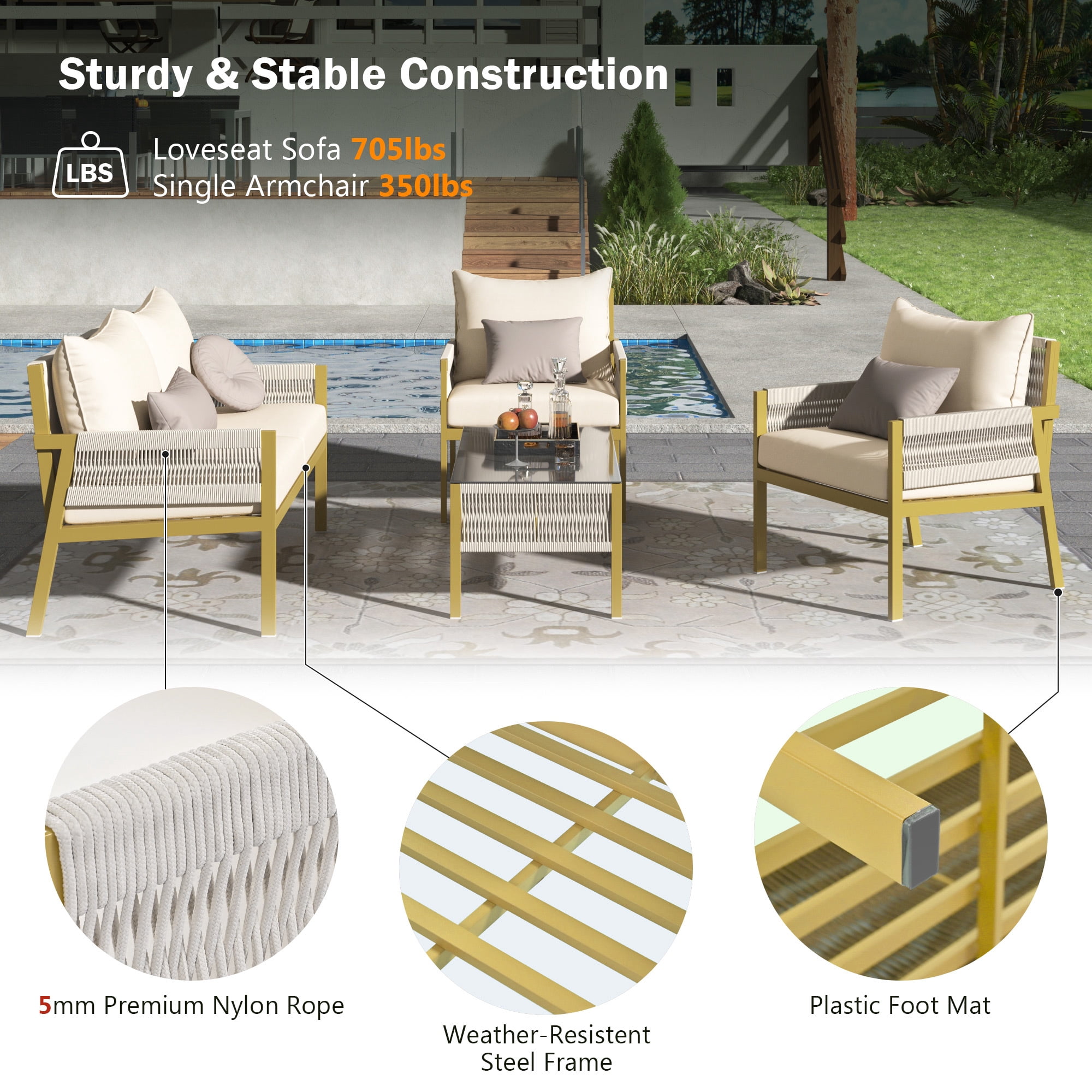 DEALTOPS 4-Piece Rope Patio Furniture Set, Outdoor Furniture with Tempered Glass Table, Patio Conversation Set Deep Seating with Thick Cushion for Backyard Porch Balcony-Beige&Mustard Yellow