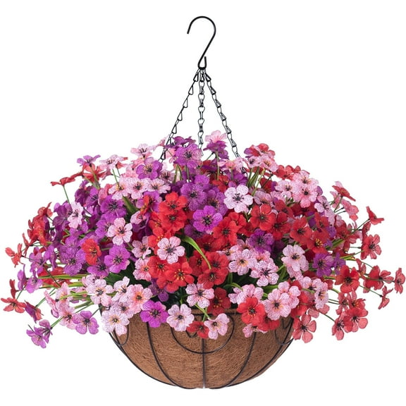 Artificial Faux Hanging Plants Flowers Basket for Spring Outdoor Porch Decoration, Fake Silk Colorful Daisy Eucalyptus in Planter UV Resistant Look Real for Home Patio Balcony Yard
