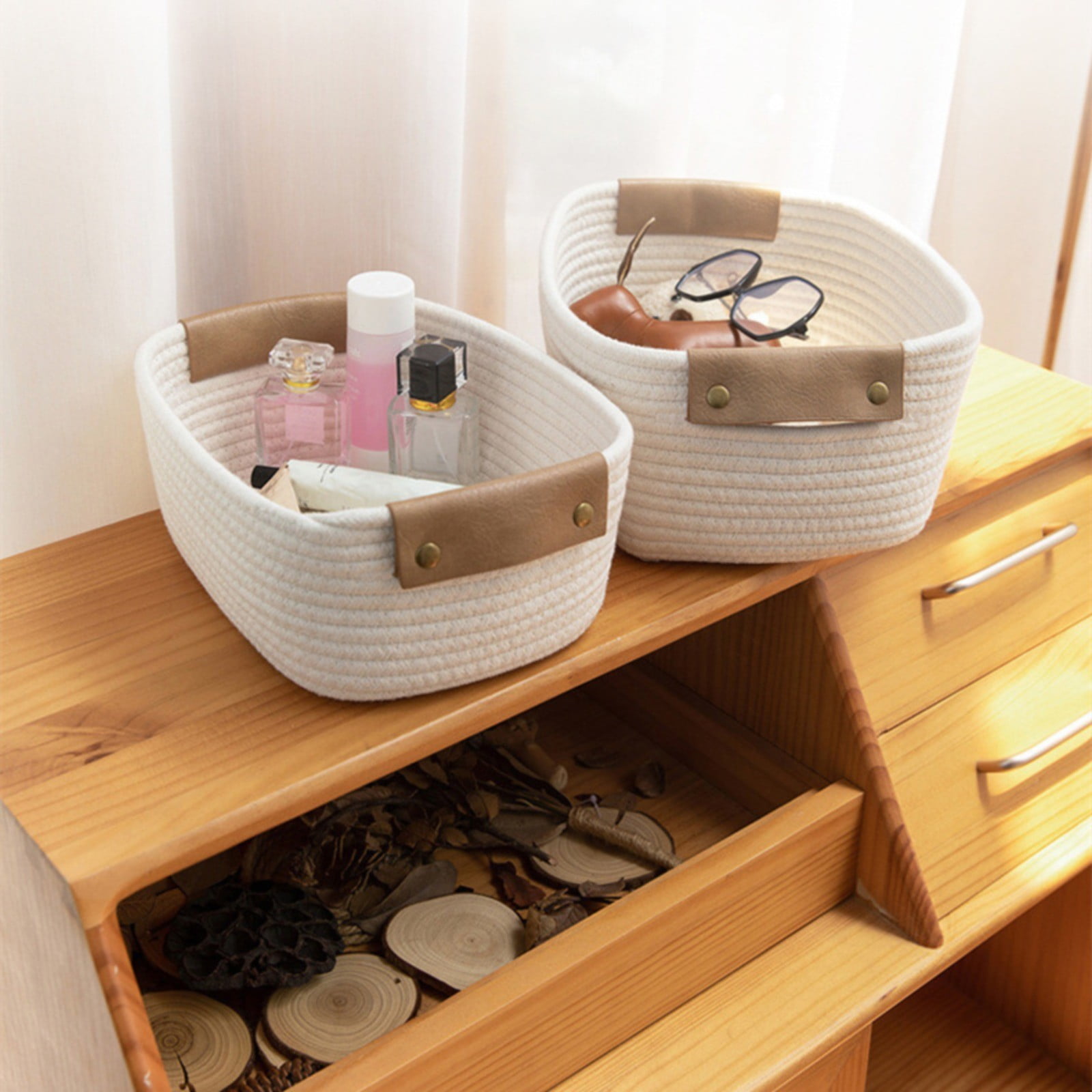 Cotton Woven Basket with PU Leather Handle, Clothes Toys Candy Gifts Cotton Rope Organizer, Living Room Basket Bathroom Shower Storage Laundry Basket, Dog Cat Bed, Fall Basket, 11.02x8.66x4.33"